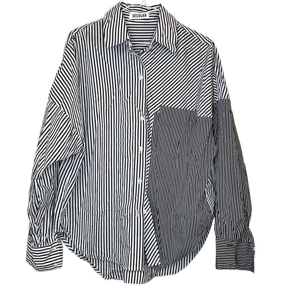 Women’s Secular Patchwork Stripe Long Sleeve Oversized Button-Up Shirt Black Whi